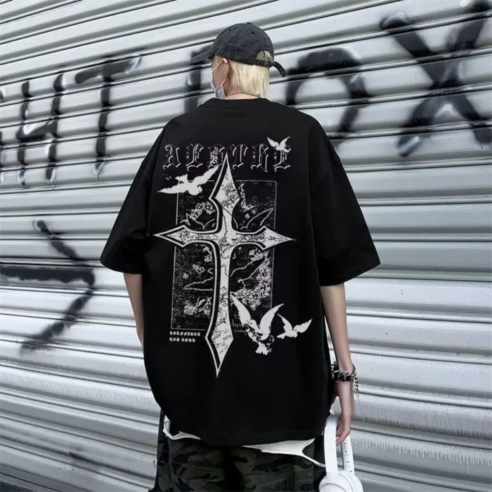 

Gothic Cross Print 100% Cotton Trendy Men Woment T-shirt Summer Autumn New Daily Outdoor Sports Casual Loose Street Short Sleeve