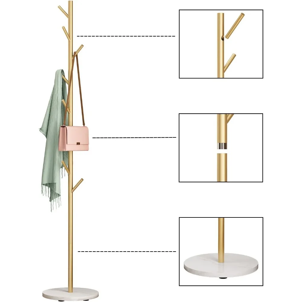 Metal Entryway Coat Rack Freestanding with Hooks, Entryway, Coat Racks with Marble Base, Coat Tree for Hanging Clothes,Hats,Bags