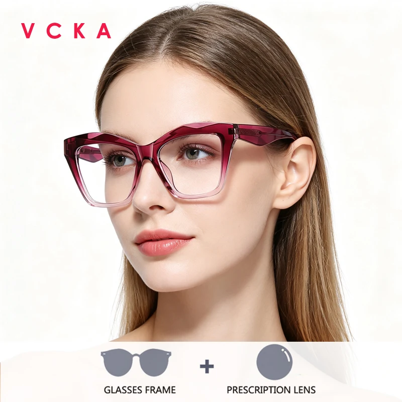 VCKA Women's Color Cat Eye Single Version Customized Glasses Progressive Prescription Eyewear Anti blue light Eyeglass Frames