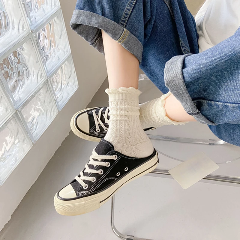 

Уютные вязаные шерстяные носки для женщин, зимние носки с кружевной отделкой, влагоотводящие, средней длины, однотонные, модные аксессуары для женщин