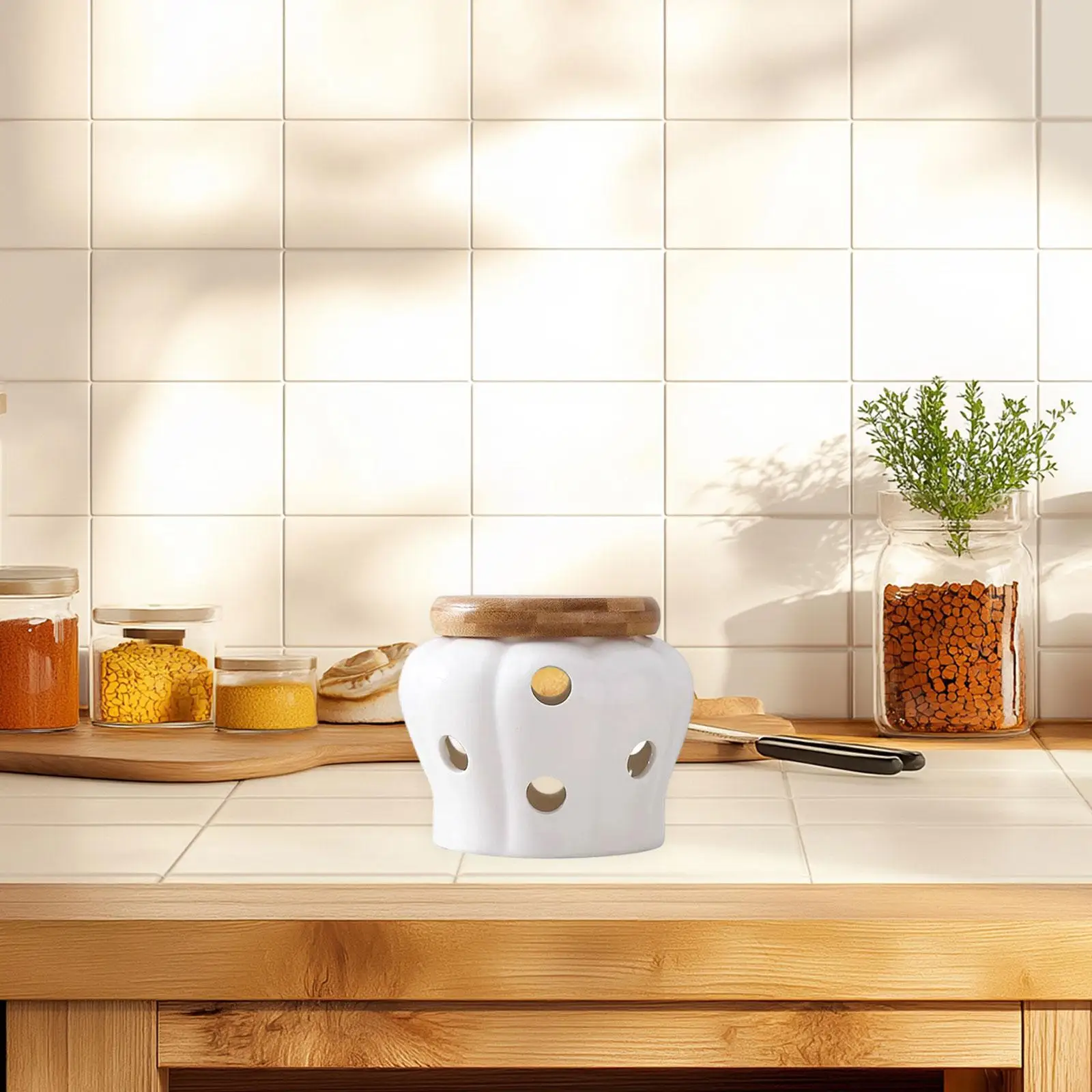 Breathable Garlic Cellar Pot Ceramic Food Storage Jar with Lid Kitchen Spice Container for Household Restaurant