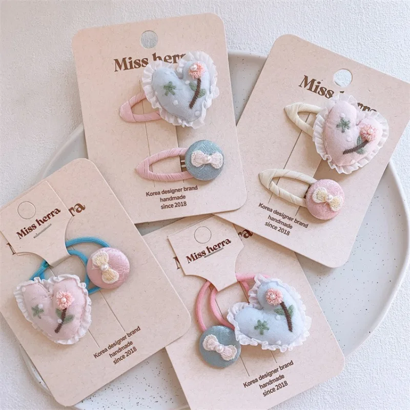 

Embroidery Flower Love Hair Clips Hair Ties for Girls Bow Button Bangs Baby BB Clips Elastic Ponytail Holders Hair Accessorie