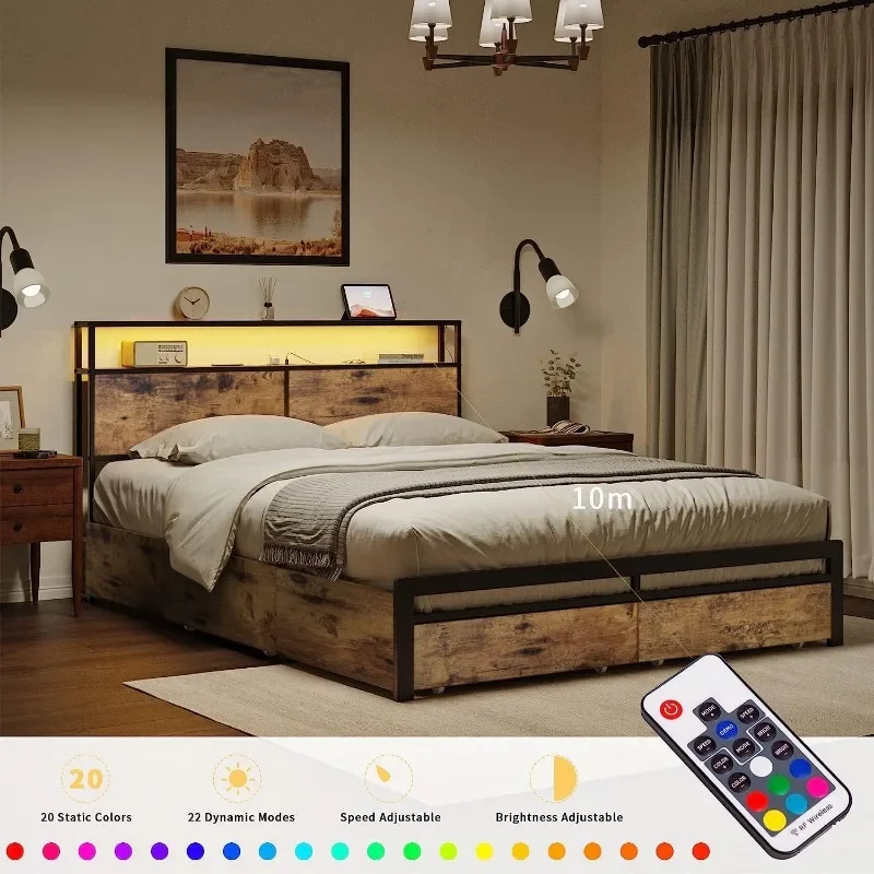 HAUSOURCE kerangka tempat tidur ratu dengan penyimpanan Headboard dan 4 laci lampu LED Platform logam Non-Slip, tanpa kotak musim semi diperlukan