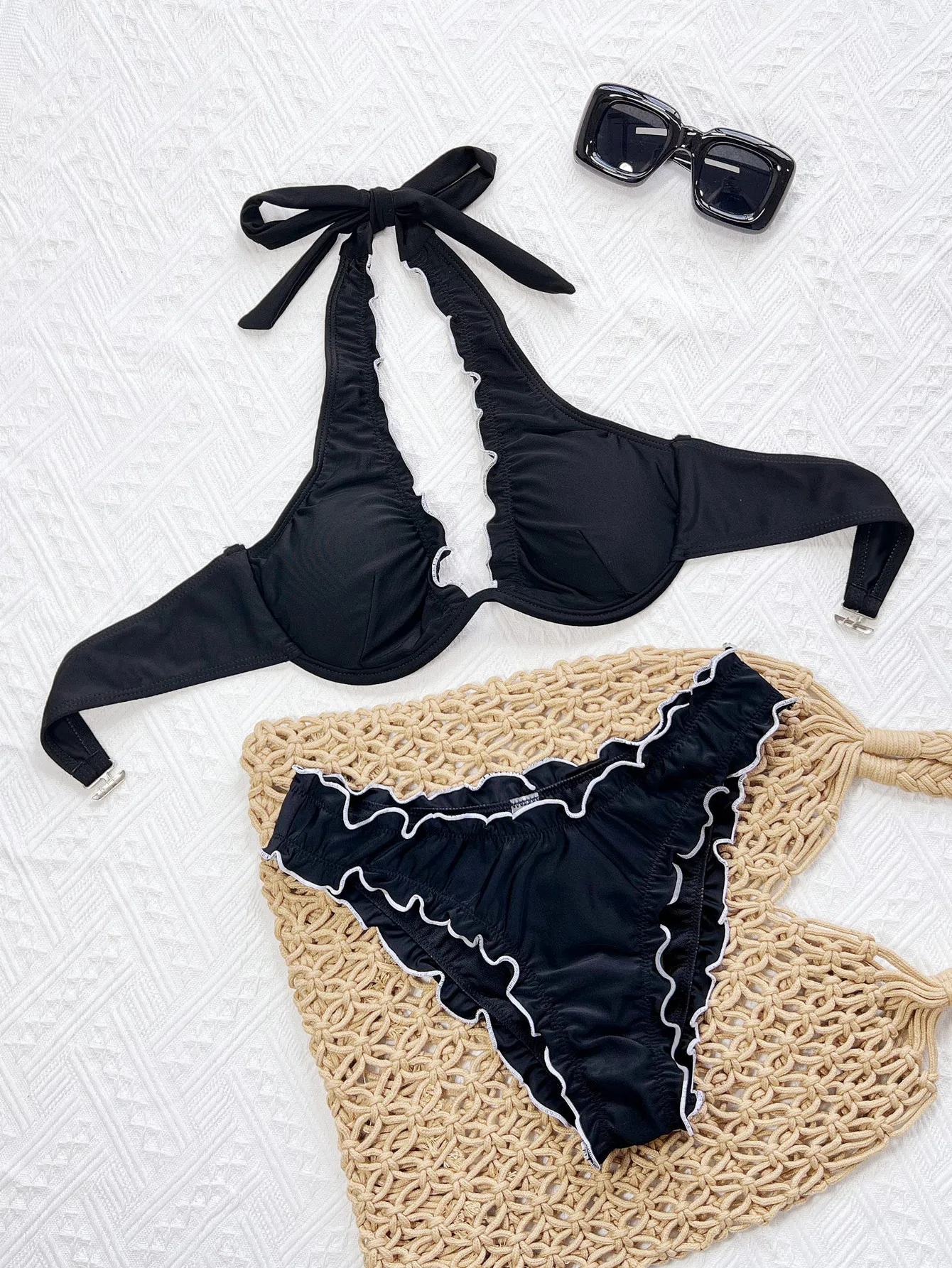 Conjuntos de bikinis push up de retazos blancos y negros sexys, trajes de baño de dos piezas con lazo en la espalda, conjunto de bikini tankini, ropa de playa