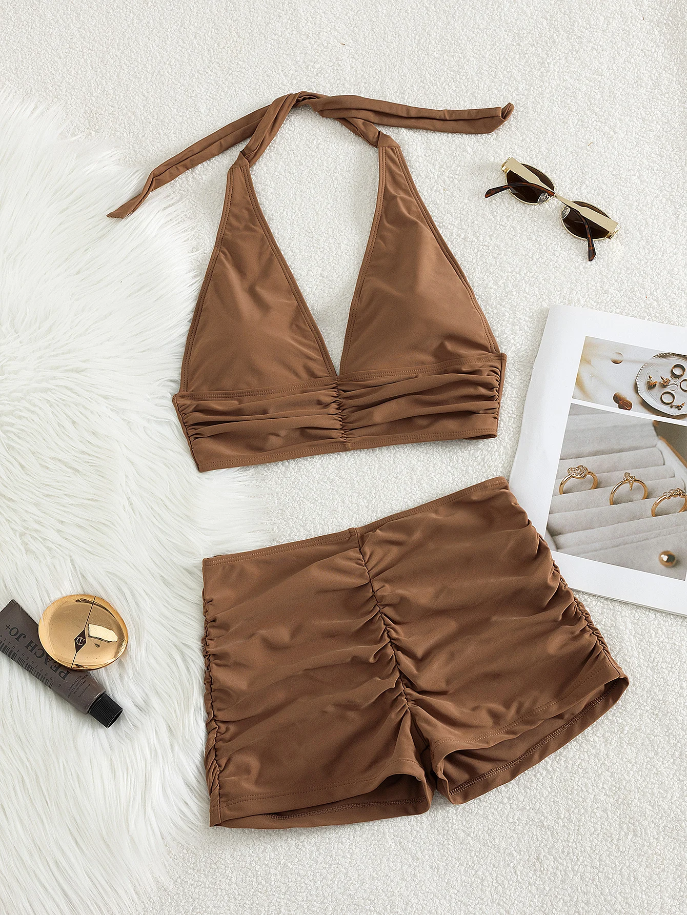 Women's Brown Halter Bikini Set, Ruched Triangle Top with High Waist Shorts 2 Piece Swimwear for Beach
