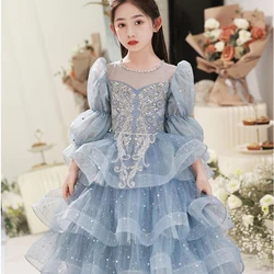 Children's Evening Dress Blue Girl Princess Dress Small Host Light Luxury Long-sleeved Catwalk Girl Performance ClothingHigh-end