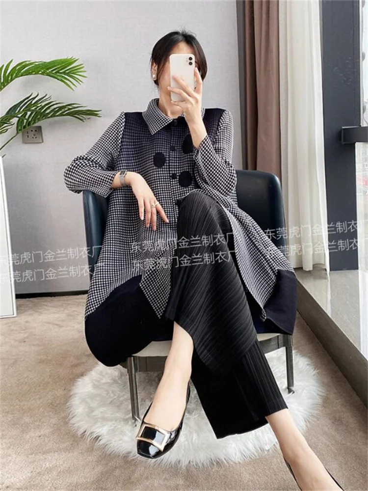 Women Miyake Pleated Dresses Single Breasted Lapel Long Sleeve Color Block Print Lady Loose Luxury Party Clothes 2023 Spring New