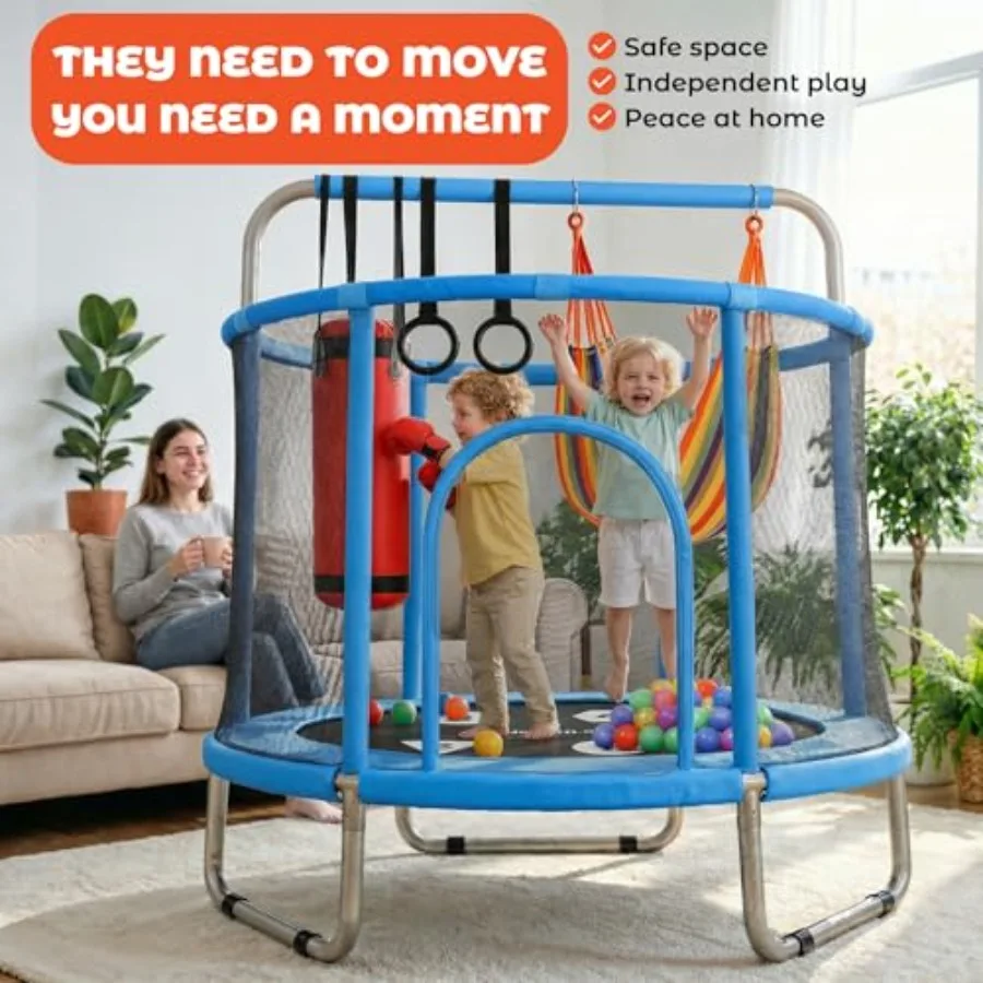 Indoor Outdoor Toddler Trampoline for Ages 18 Steel Frame with Blue Safety Enclosure Ultra-Safe Bounce Surface Multi-Activity A