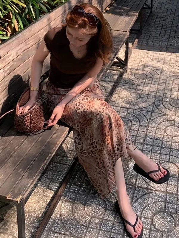 Gold Threaded Chiffon Half-length Skirt Leopard Print Holiday Style Long Short Skirts Non-deformable High Waist Straight Cut