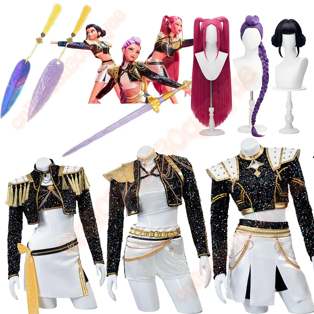 KPOP Huntrix zoey mira 코스프레 악마 슬레이어 의상 할로윈 파티를위한 루미 복장 애니메이션 무대 공연 카니발 의류