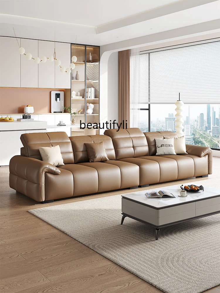 Italian Minimalist Leather Sofa Light Luxury Modern Minimalist Living Room Straight Row Three Four-Seat Leather Sofa