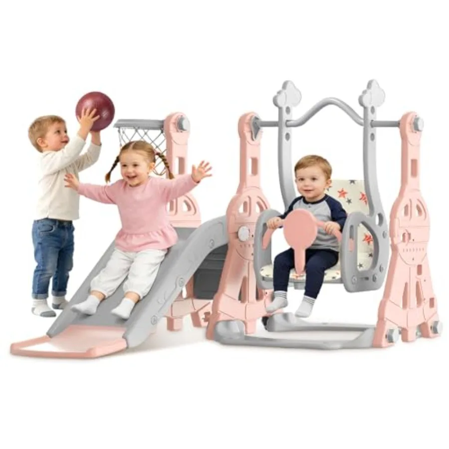 

Детская горка и качели - Горка для малышей 1-2 лет с баскетбольным кольцом, игровой комплекс для дома и улицы, розовый, серый