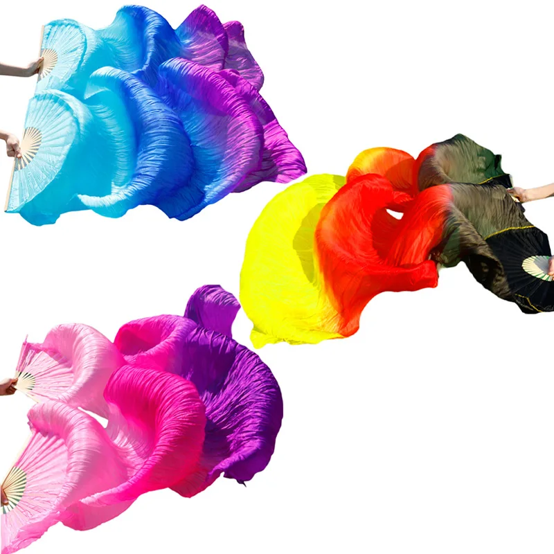 Abanicos de Danza del Vientre 100% de Seda Real, 1 Abanico Izquierdo + 1 Abanico Derecho, Hechos a Mano con Bambú, Color Teñido, para Práctica y Actuaciones
