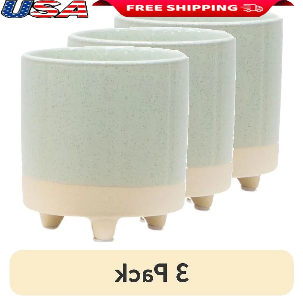 3 Pack 4 Inch Green Ceramic Footed Planter Indoor Decor Small Round Pot Artificial Plants Fun Playful Design Perfect Desktop
