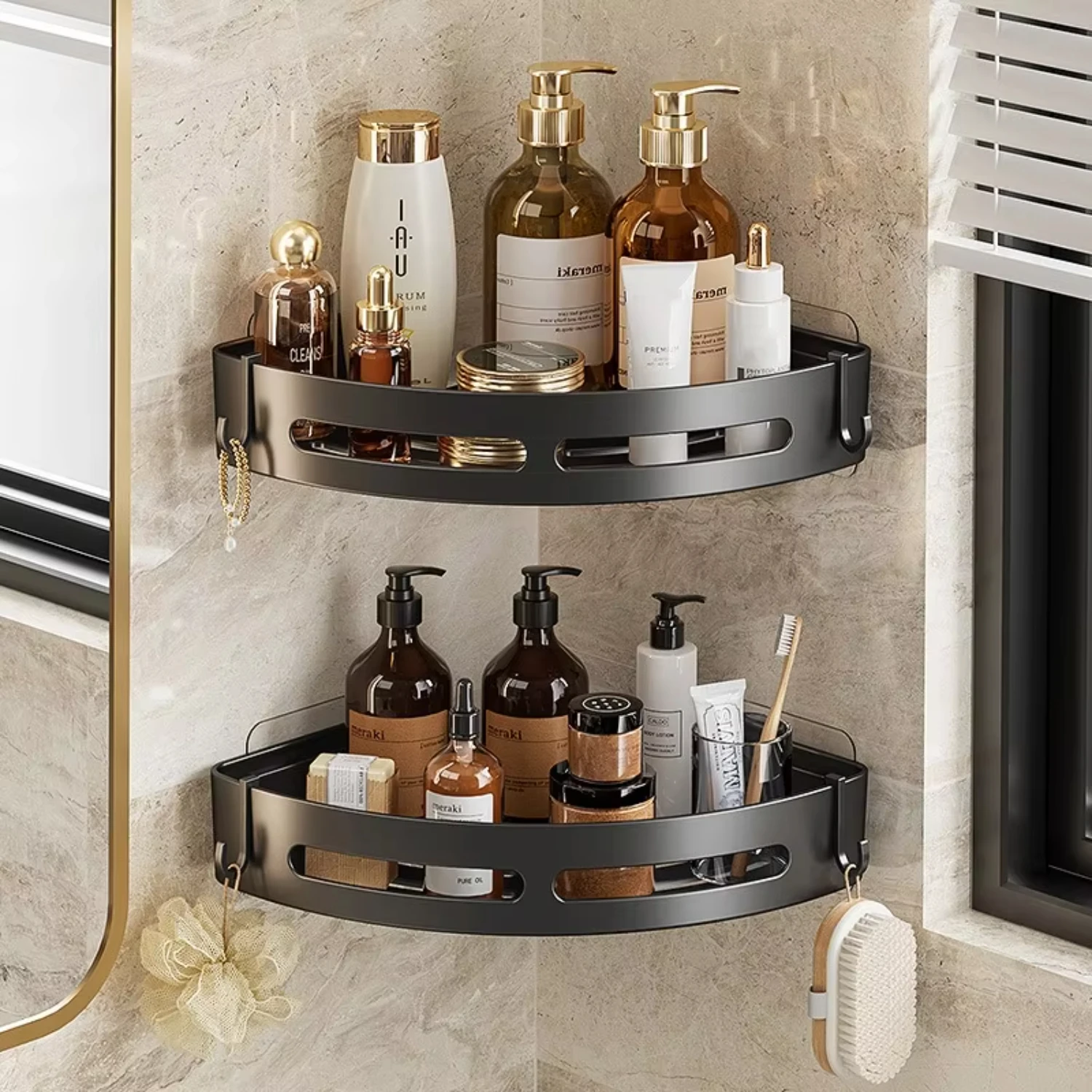 Bathroom shelf corner space ABS plastic triangle basket, shower room storage rack, no drill, wall hanging