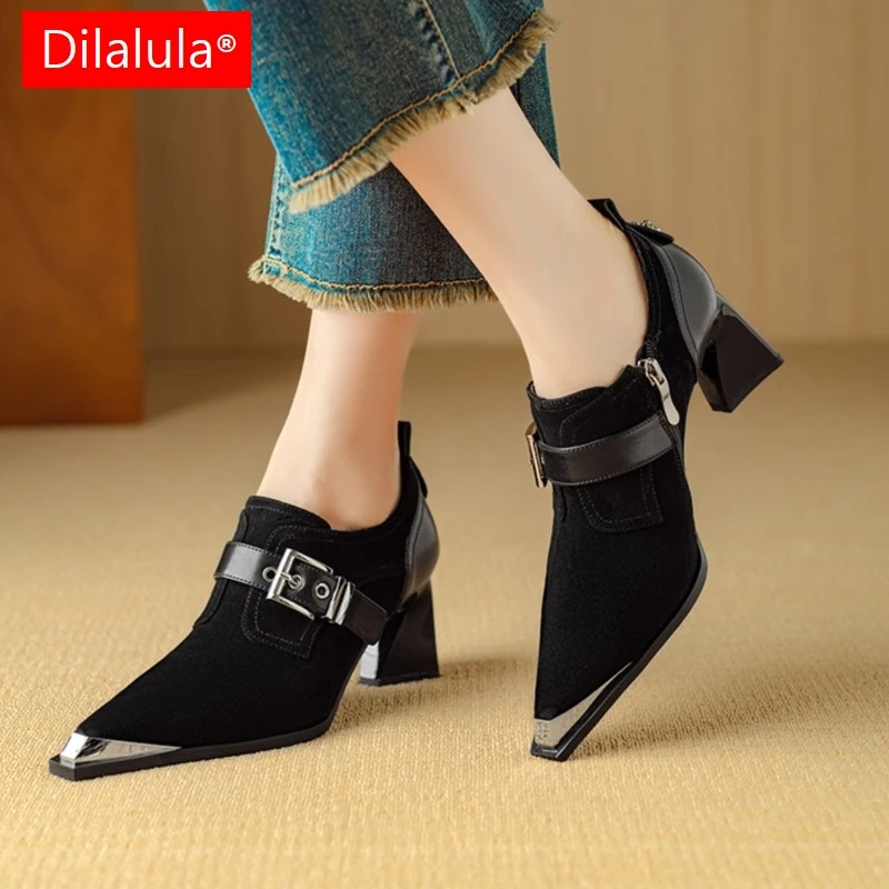 

Dilalula/2026, модные детские замшевые женские туфли-лодочки, офисные женские туфли на высоком каблуке с металлическим острым носком и пряжкой для взрослых, женские модельные туфли