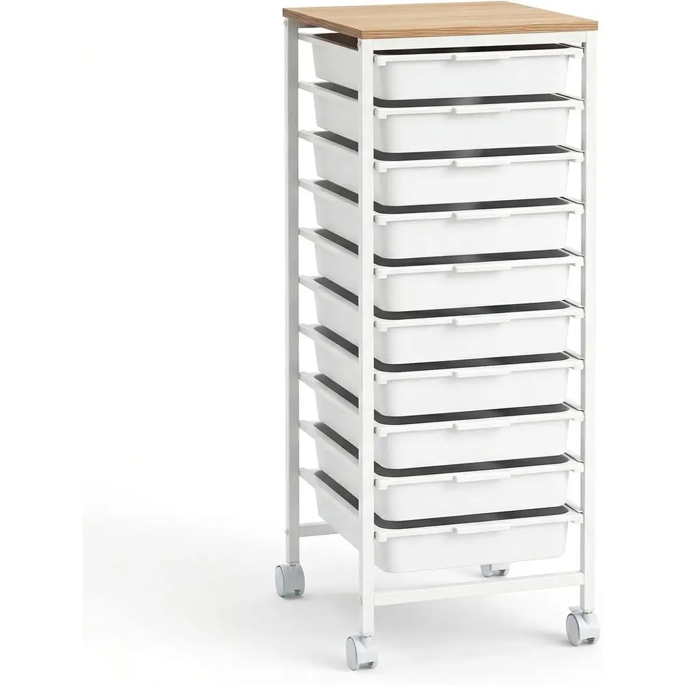 

Многофункциональная тележка-органайзер с деревянной столешницей и блокируемыми колесиками (белая, 10 ящиков)