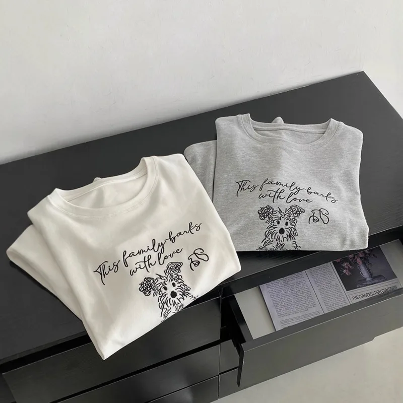 

Autumn Letter Cartoon Embroidery Brushed T-Shirt Women Korean Round Neck Long Sleeve Bottoming Tops