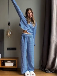 Marthaqiqi Striped Ladies Nightgown Set Long Sleeve Pyjamas Turn-Down Collar Sleepwear Crop Top Pajama Pants Casual Nightie Suit