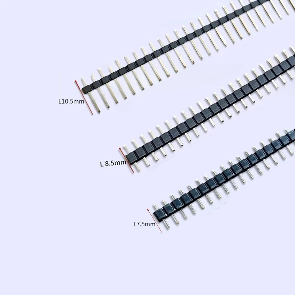 100pcs 2.54mm  L7.5/8.5/9.5/10.5mm Male Pin Header 1x40P Straight Single Row Single Plastic 0.8U Gold PCB Connector