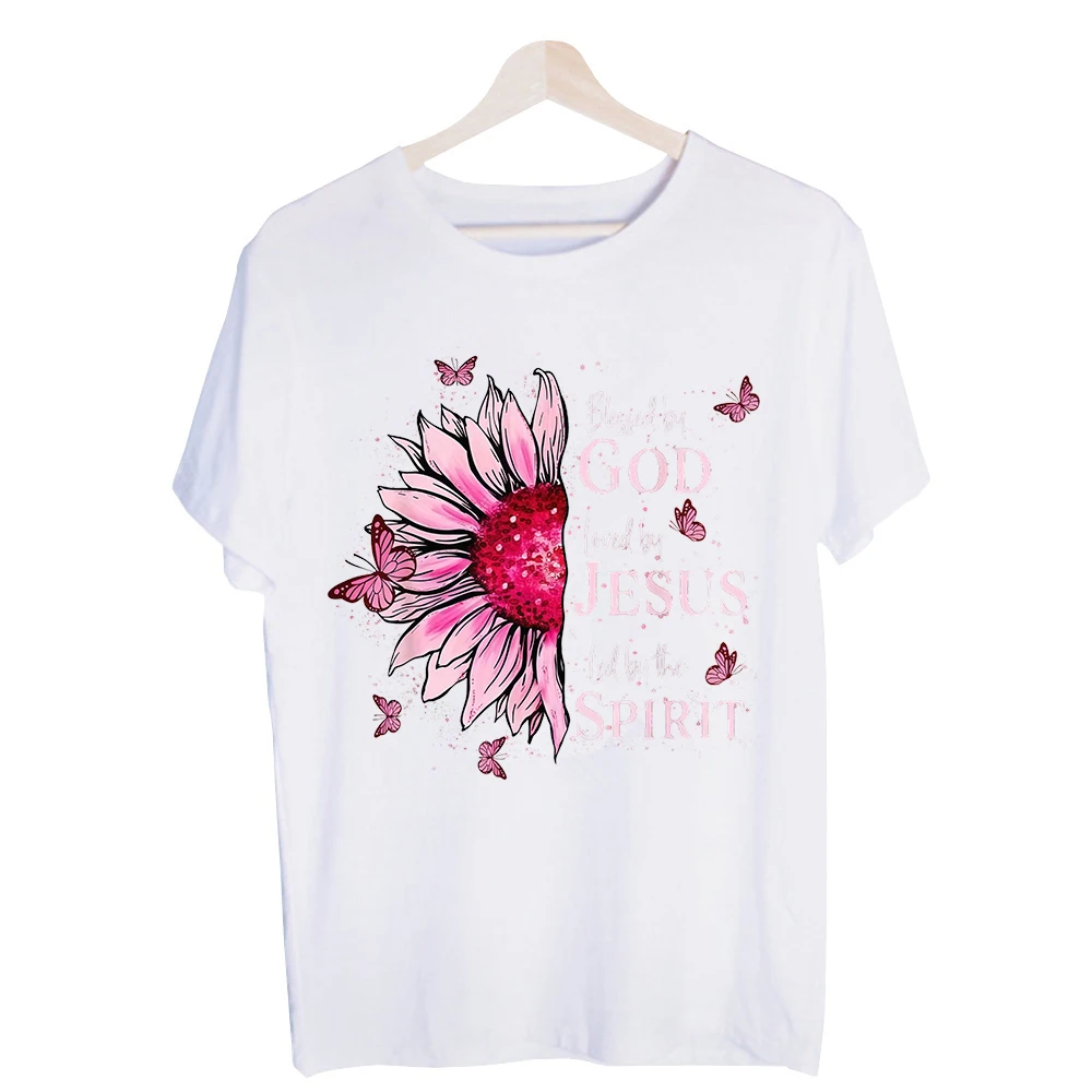Women's Pink Sunflower Heart Graphic Tee, Short Sleeve Casual T-Shirt with Butterfly Design for Daily Wear