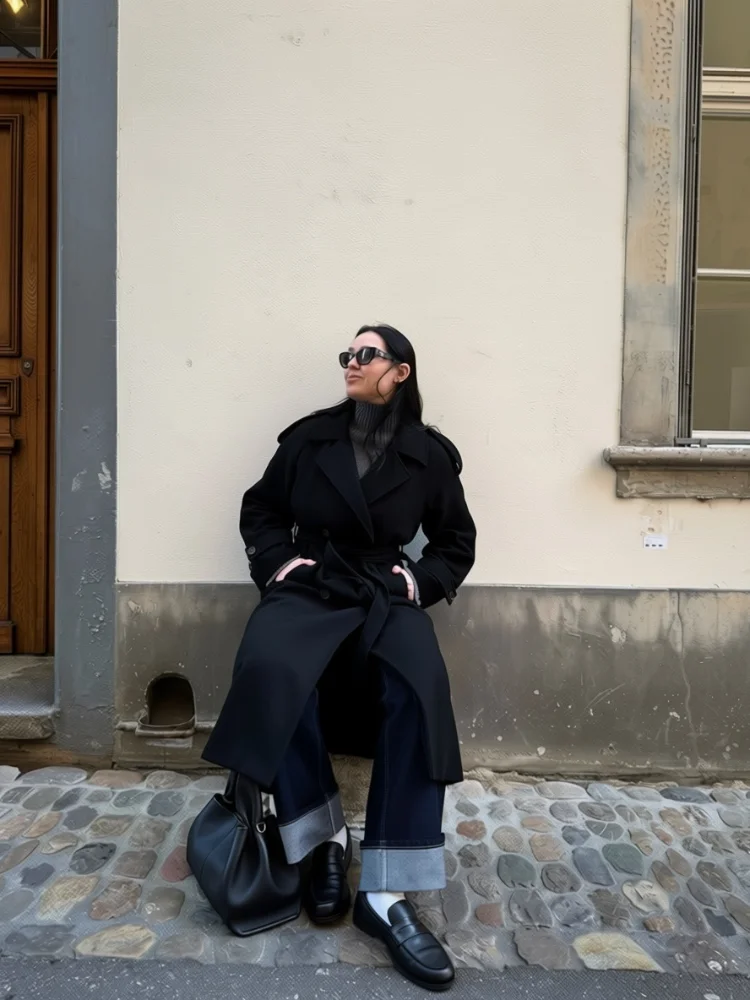 

Casual Woolen Double Breasted Long Women Coat Loose Solid Lapel Belt Female Outwear 2025 Spring Lace Up Chic Lady Jacket