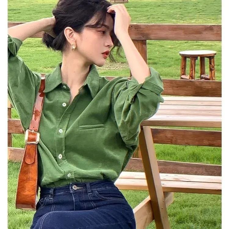 

Однотонная Вельветовая рубашка-поло в стиле ретро, женская утепленная рубашка с длинным рукавом, винтажная одежда для женщин, топы, рубашки, блузки