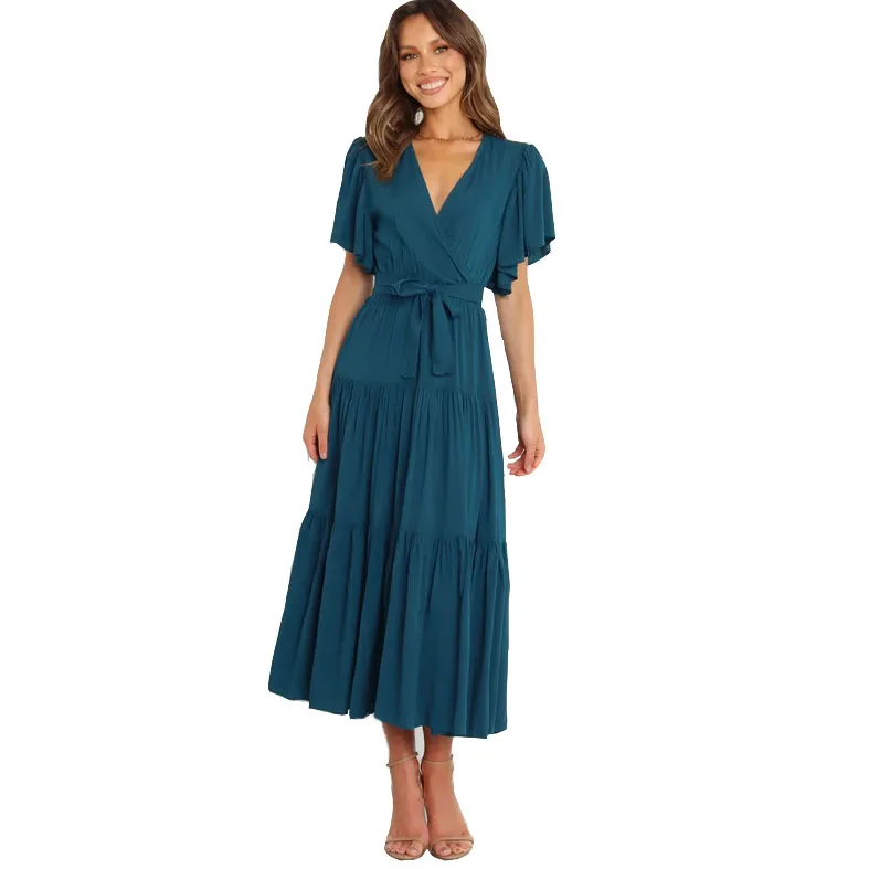 

Новая летняя женская юбка-миди с V-образным вырезом, однотонная, с поясом, плиссированная, А-силуэт, для офиса и повседневной носки