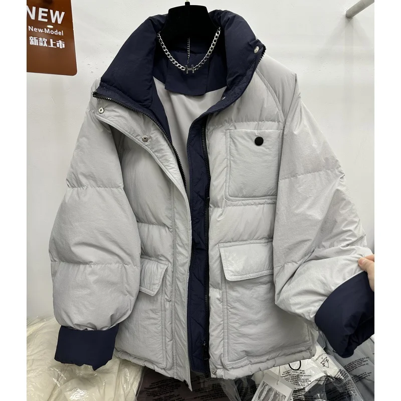 

Korean Stand Up Collar Contrasting Color Cotton Jacket Women's Winter New Loose Thick Short Coat Fashion Large Pocket Top