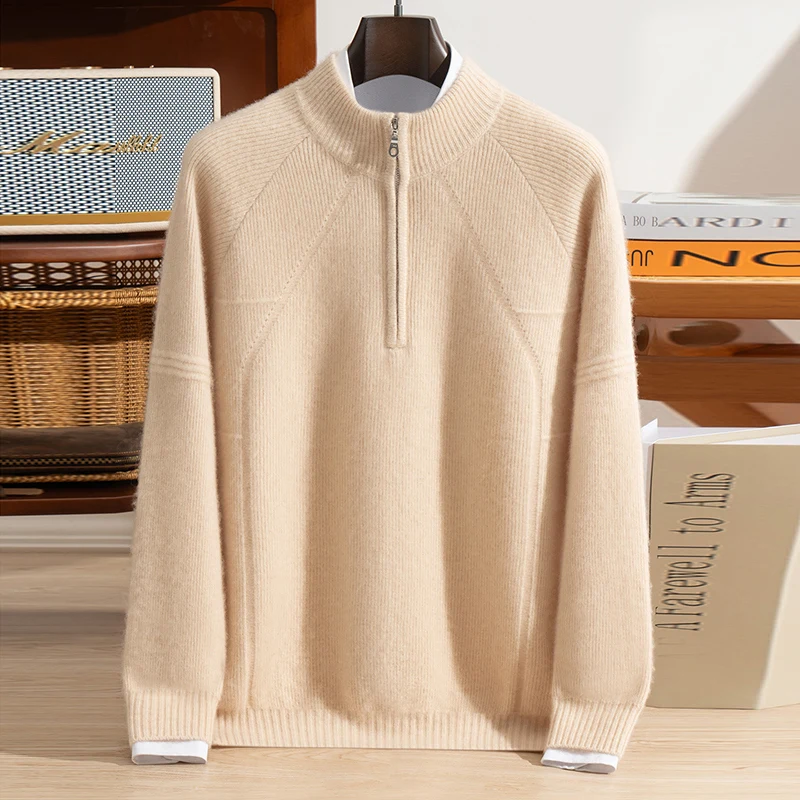 

Thickened 100% Cashmere Men's Half Height Zipper Knitted Sweater Business Casual Warm Pullover Autumn Winter Men's Clothing Top