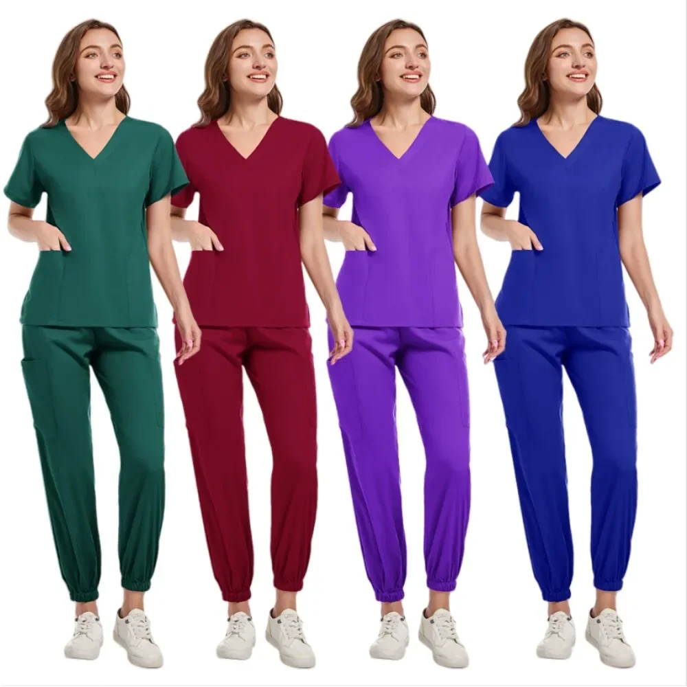 Multicolour Jogger Suit Nurse Scrubs Set Medical Clinical Clothes Doctor Nursing Uniforms Short Sleeve V-neck Tops Pocket Pants