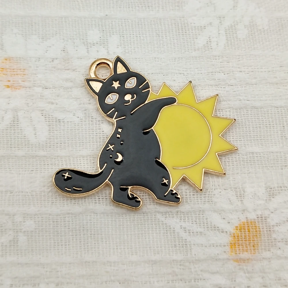 10pcs Sun Moon Cat Charms for Jewelry Making Enamel Necklace Keychain Phone Pendant Diy Accessories Alloy Metal Gold Plated