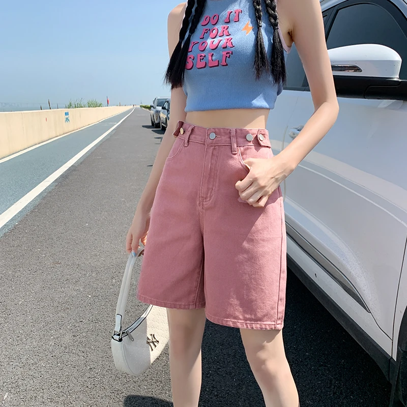 صيف جديد كوريا موضة فضفاضة النساء شورت جينز الأرجواني الوردي عالية الخصر جيوب مستقيمة الإناث السراويل القصيرة واسعة