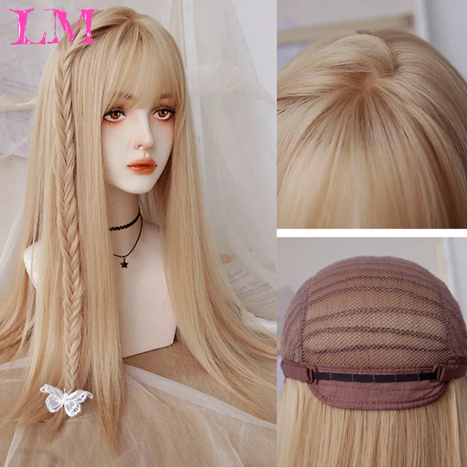 LM Blonde Long Straight Synthetic Wigs for Women Colorful Cosplay Party Fake Hair with Bangs Blonde Wig HighTemperatureBlonde