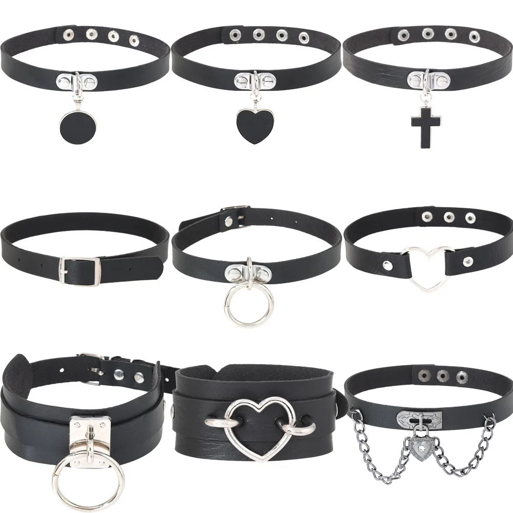 Punk Gothic Choker Necklaces for Women Black Leather O Ring Heart Cross Chain Collar Adjustable Club Costume Jewelry Accessories