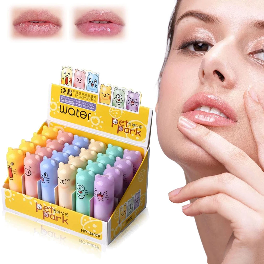 24PCs Colorless Lip Balm Set Moisturizing Lipstick Base Moisturizer Makeup Cute Cartoon Animals Plumping Anti-Cracking Lip Care