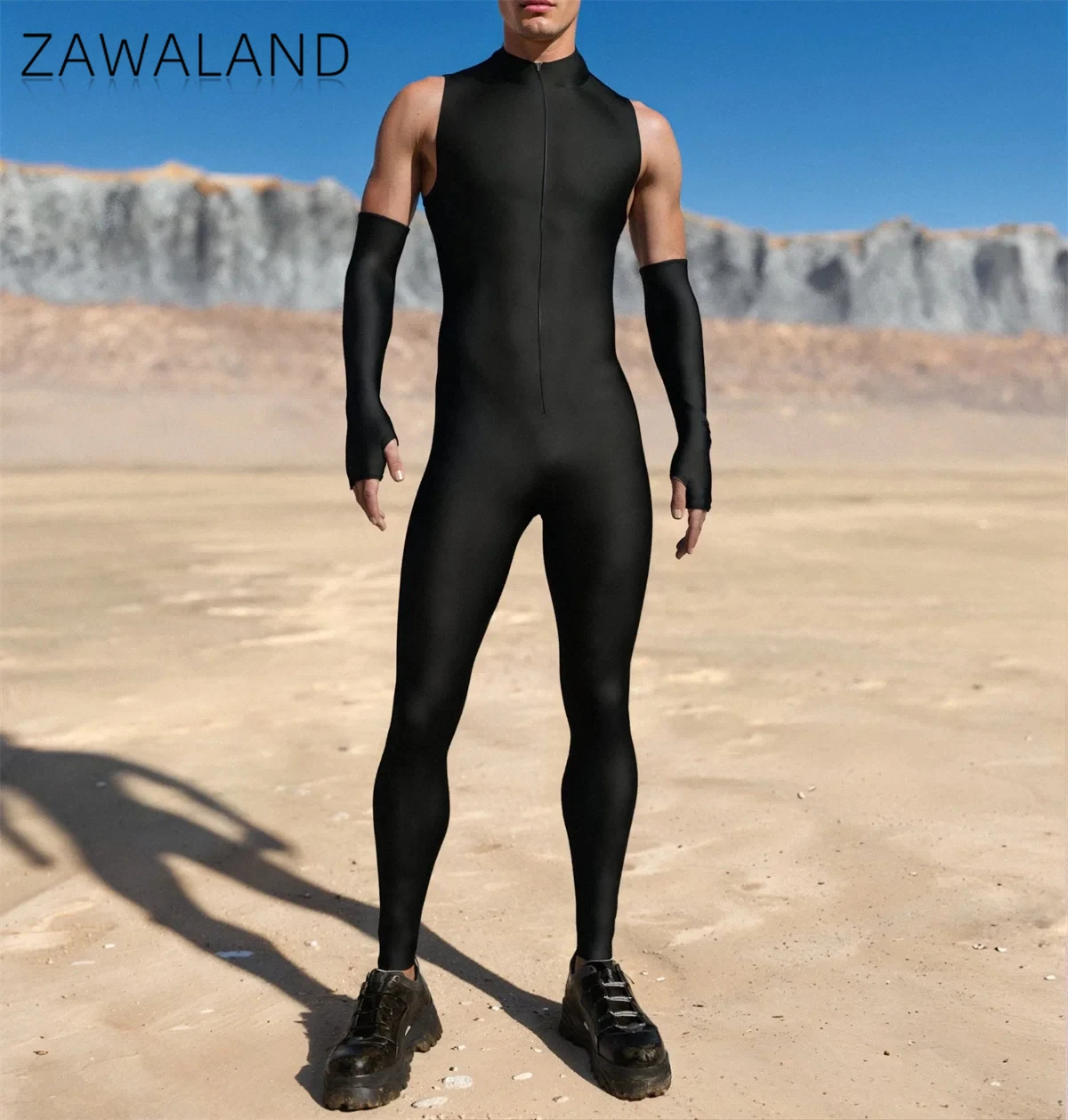 

Pure Black Cosplay Costume Men Halloween Punk Futuristic Bodysuit Carnival Party Performance Jumpsuit with Matching Oversleeves