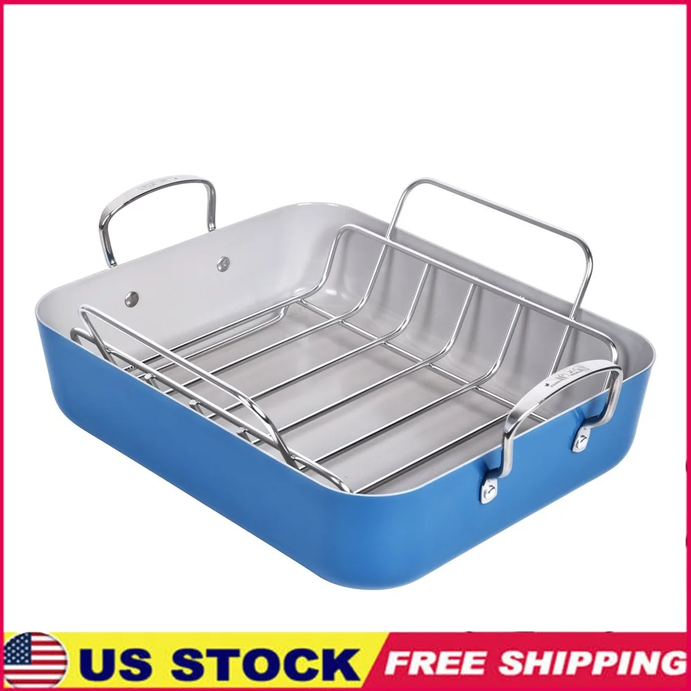 

Durable Non Stick Aluminum Roaster with Stainless Steel Rack Perfect Even Cooking Roasting Turkey Chicken Ham and Vegetables