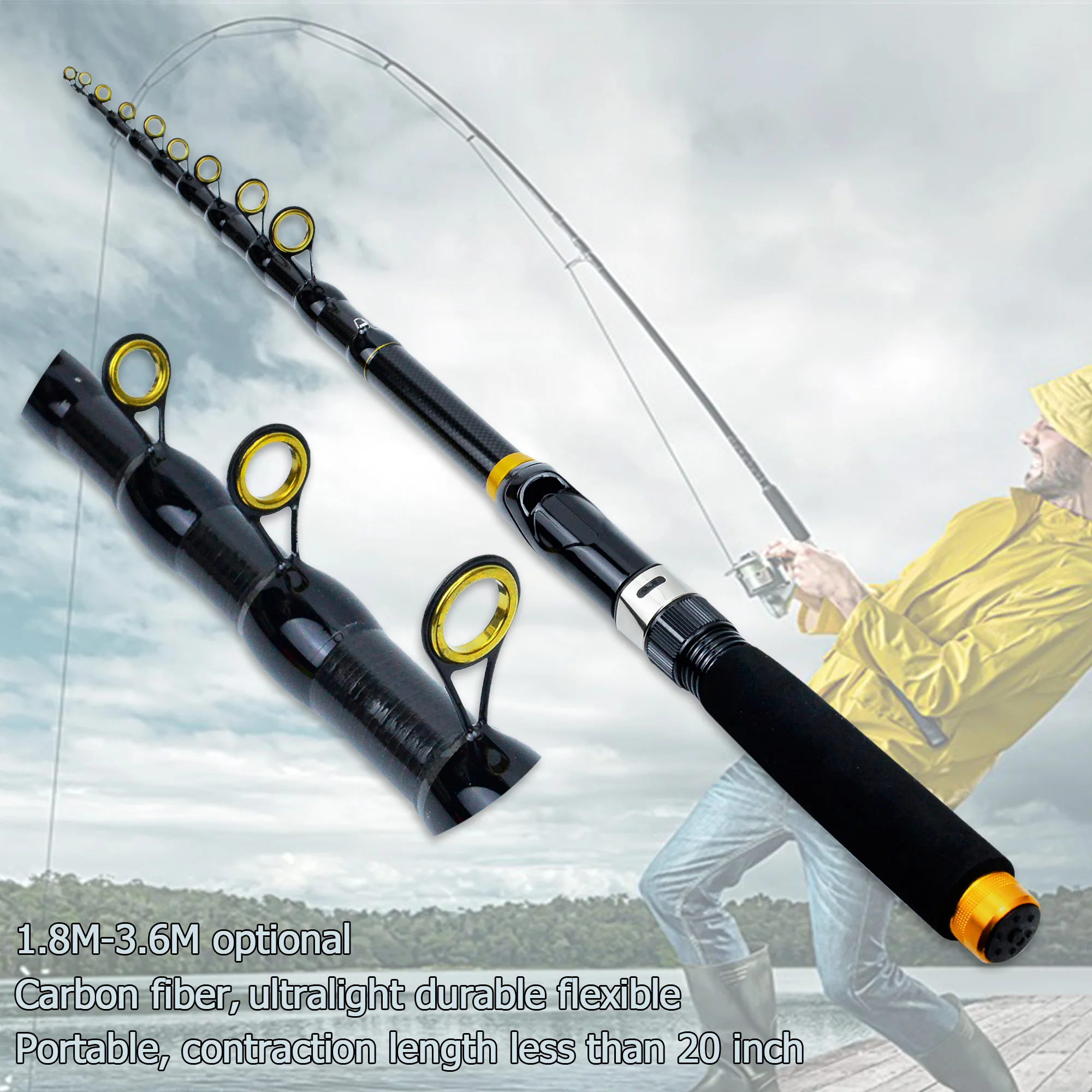 1.8m-3.6m Black Carbon Fiber Fishing Rod Short Pocket Portable Spinning Rod  Lure Pole Telescopic Carp Trout Beach Fish Rods - AliExpress 18