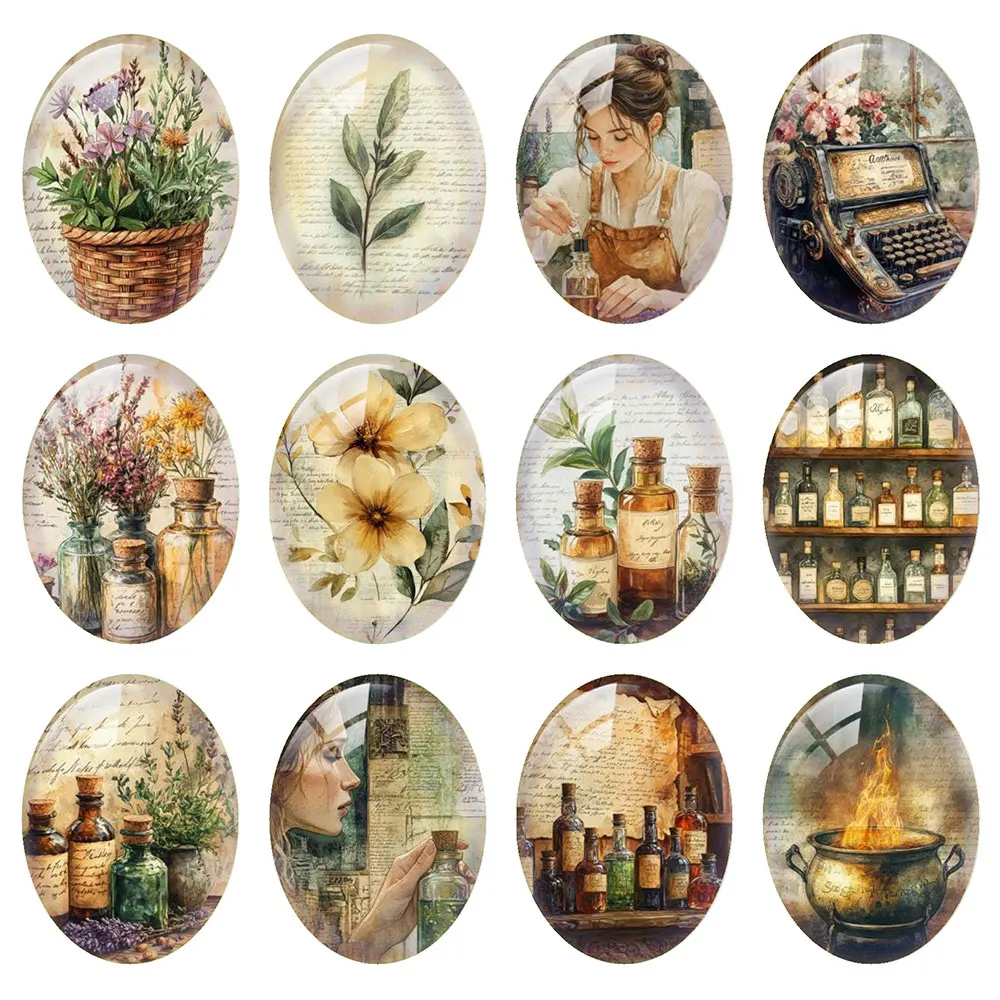 Random Mixed Round/Oval/Square Retro Herbal Apothecary Witch Photo Glass Cabochon Flatback Demo Cameo For Diy Jewelry Making