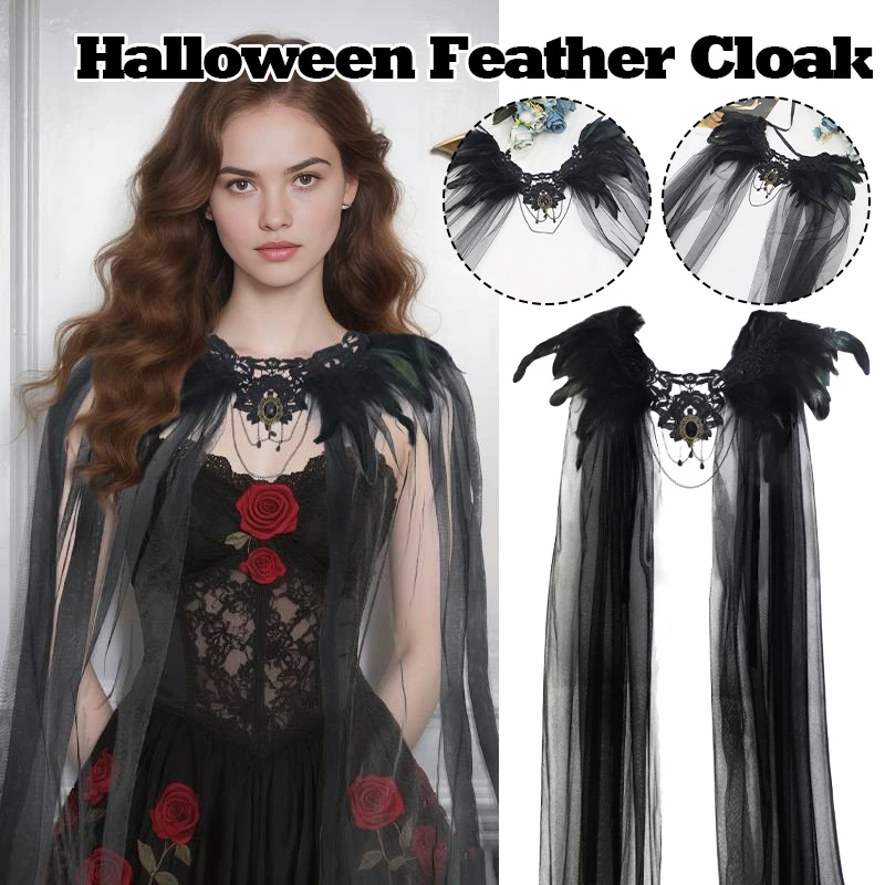 

Halloween Witch Vampire Bride Cosplay Costume Role Play Medieval Vampire Cloak Feather Tulle Cloak Carnival Party Stage Costume