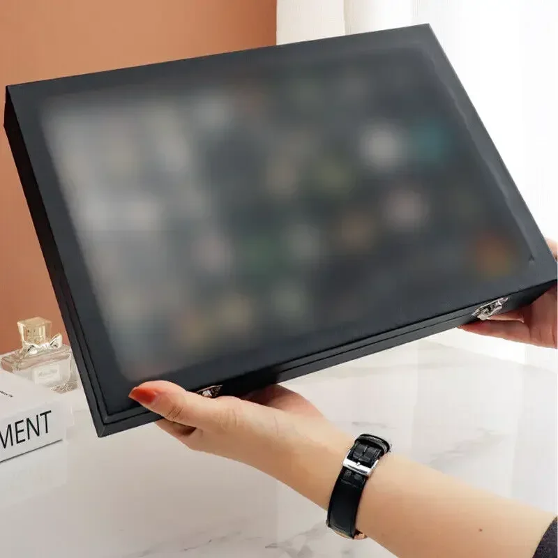 Transparent Pin Display Case with Lock Dustproof Glass Lid Badge Storage Box Jewelry Medal Collection Display Box Black