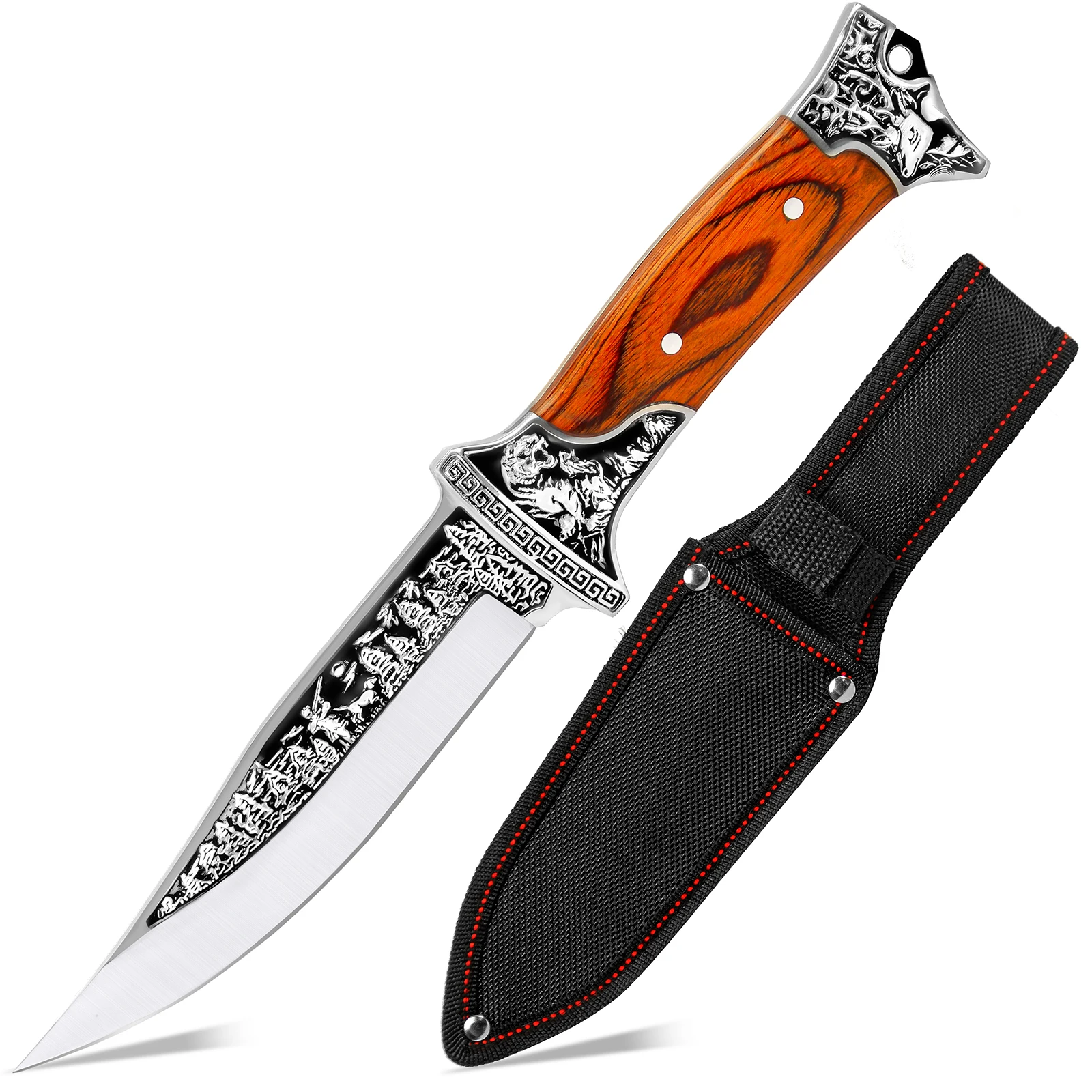 1PC High-Quality Outdoor Knife, Tactical Fixed Blade, Blade with Relief Pattern, Straight Solid Wood Handle, Outdoor Portable High Hardness Straight Knife, with Leather Case, Suitable for Camping, Fishing, Exploration, It Is an Ideal Gift for Men