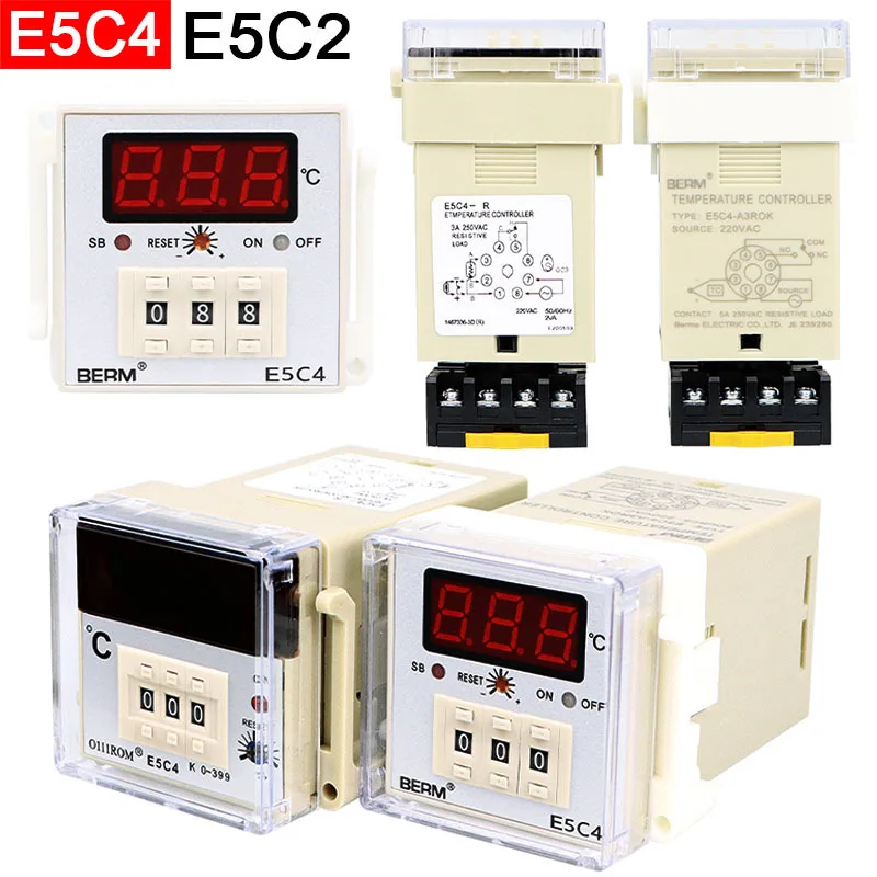 Ручка указателя цифрового дисплея Контроллер температуры E5C4 E5C2 399 999 ℃   Релейный выход K Входной термостат с розеткой AC220V