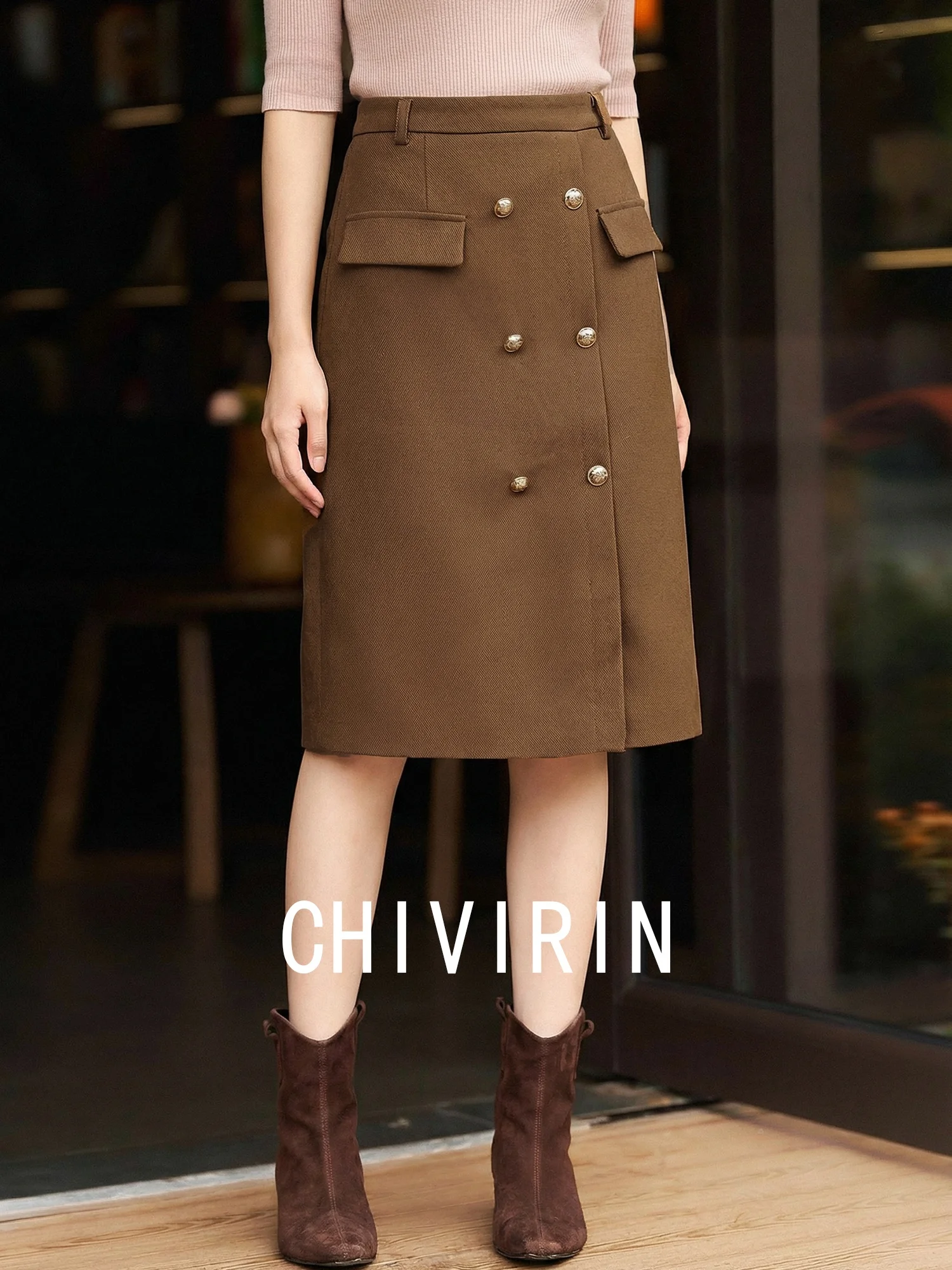 

Chivirin Ele Woolen Midi Skirt High Waist A-Line Commute Friendly Women's Coffee Color Skirts Spring Autumn Slimming