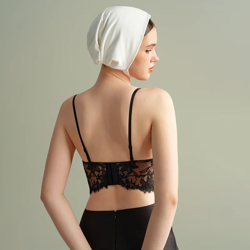 SUJIIN Sexy Female Lingerie Hot French Wireless Push Up Lace Bras for Small Breasts Slim Corset Mesh Spliced Black Bra Women