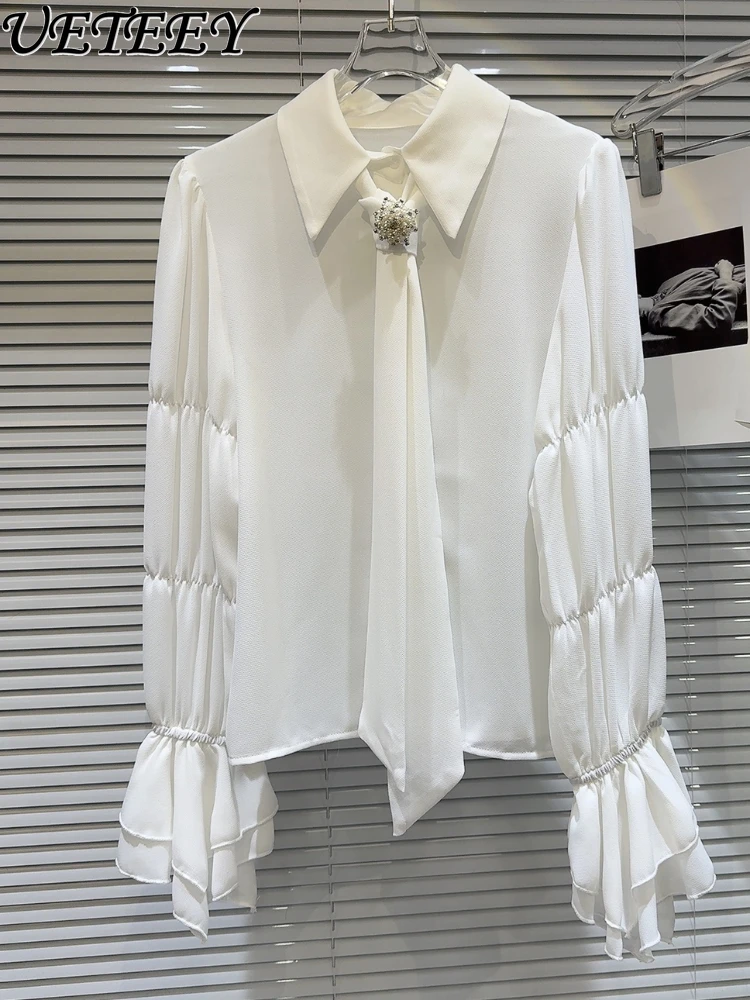 

Fashion Lapel Long Sleeve White Bottoming Shirt 2024 Spring New Pearl Buckle Tie Design Tops Elegant Socialite Chiffon Blouse