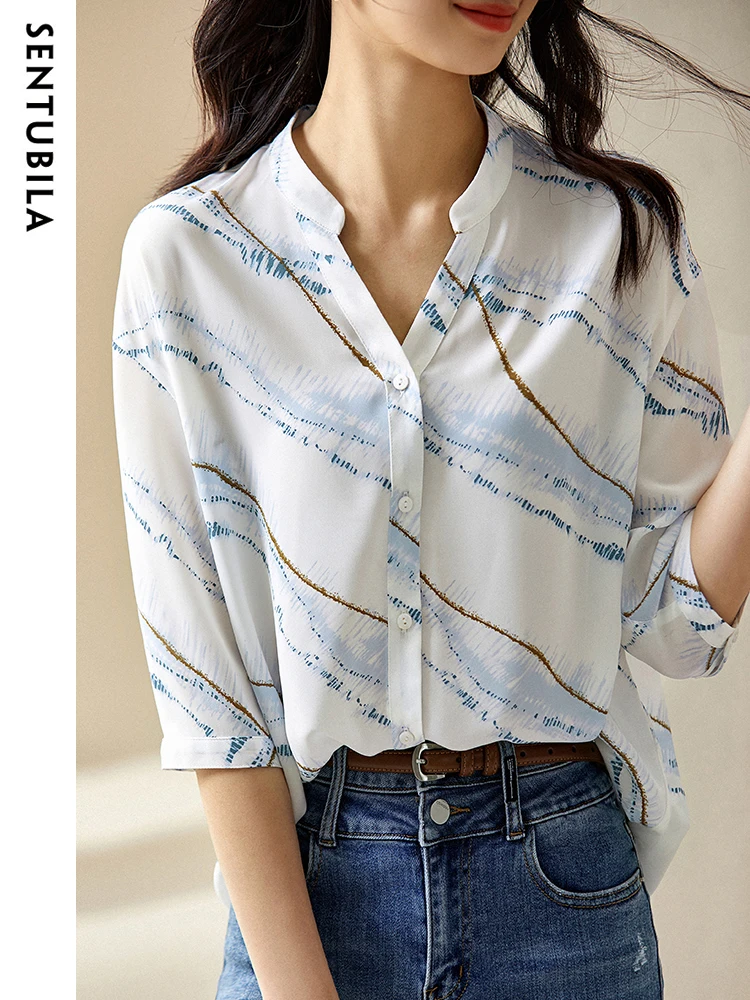 

SENTUBILA Casual Loose Chiffon Blouse Shirts for Women 2024 Summer V-Neck Three Quarter Sleeve Single Breasted Fashion Shirts