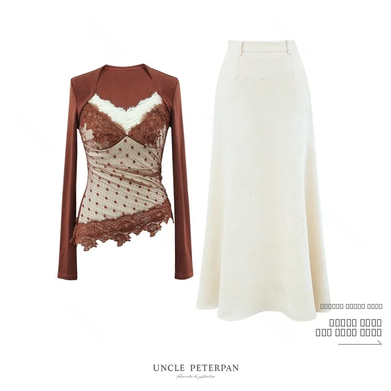 

Ele Lace Trimmed Slim Fit Top And Skirt Set Autumn Winter Faion Ladies Ensemble Peter Pan Uncle's Leisure Chat about Ch...