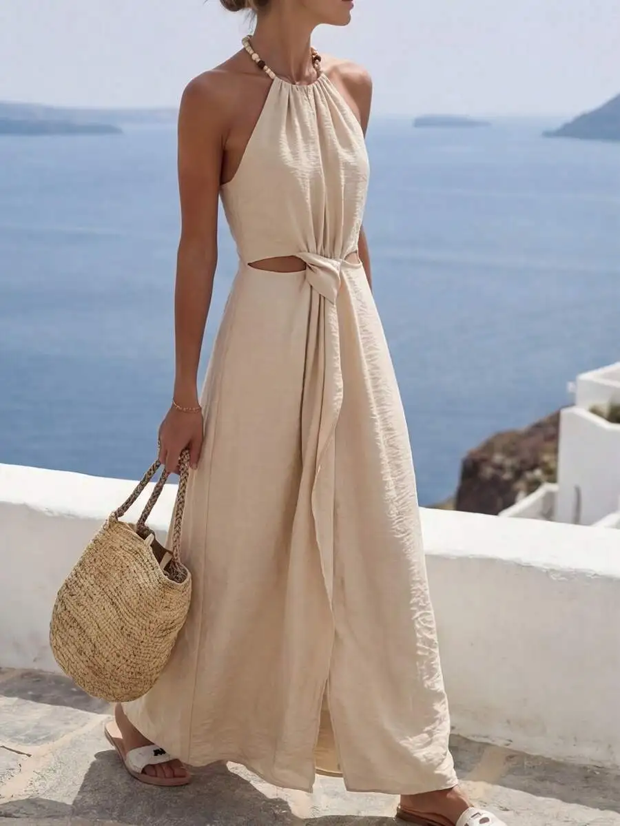 

Womens Sleeveless Halter Dress With Waist Tie Cutout Beige Summer Maxi Dress